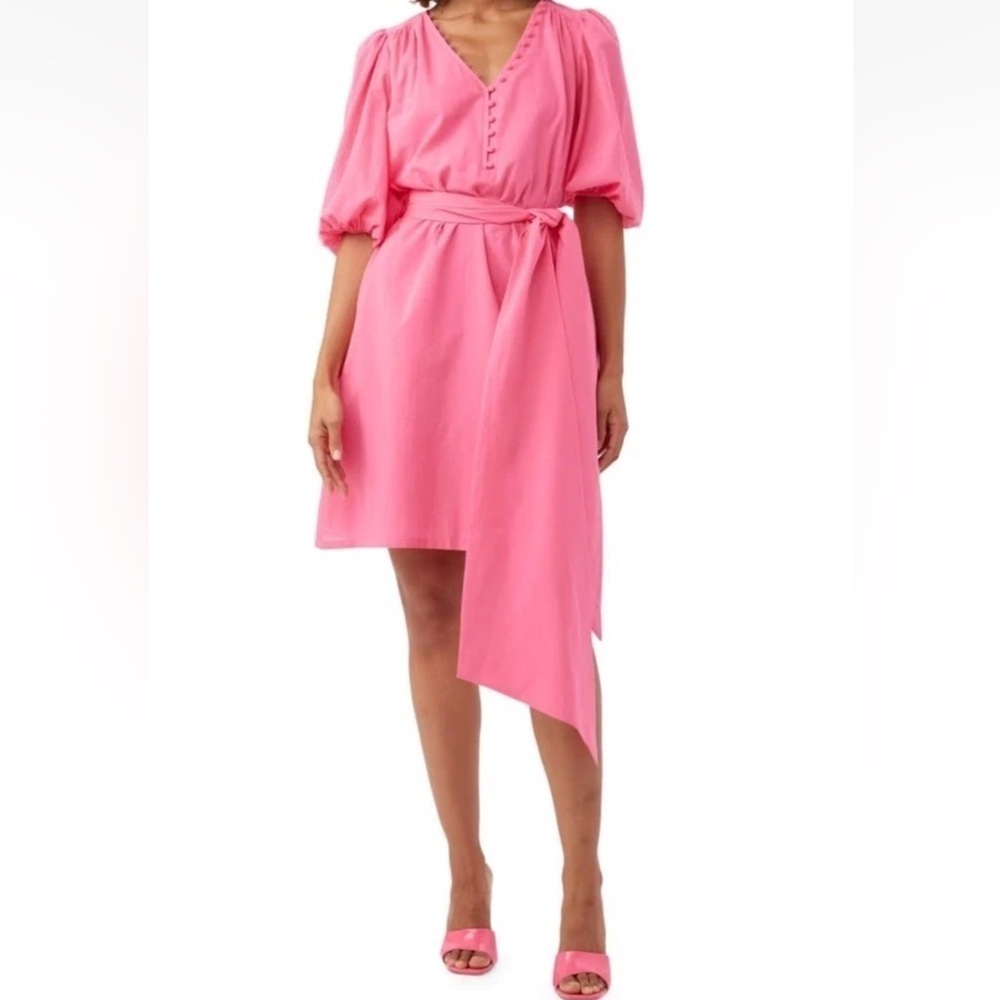 Trina Turk Malina Belted 100% Cotton Voile Minidress V-Neck Pink Size XS $328